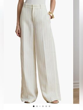 NWT Lauren Lined Wide-Leg Pinstripe Linen-Blend Pants in Cream